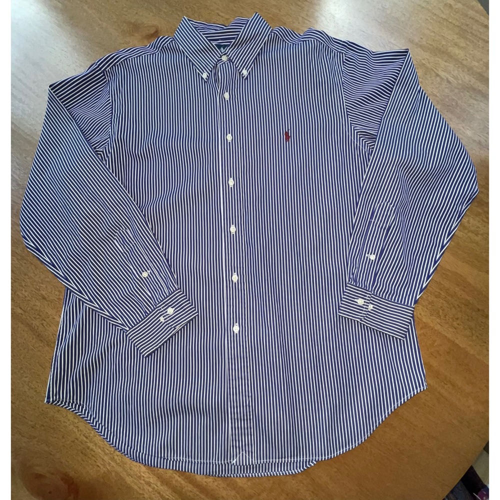 Ralph Lauren Mens Classic Fit Striped Button Down Shirt Navy Blue White 17 34/35